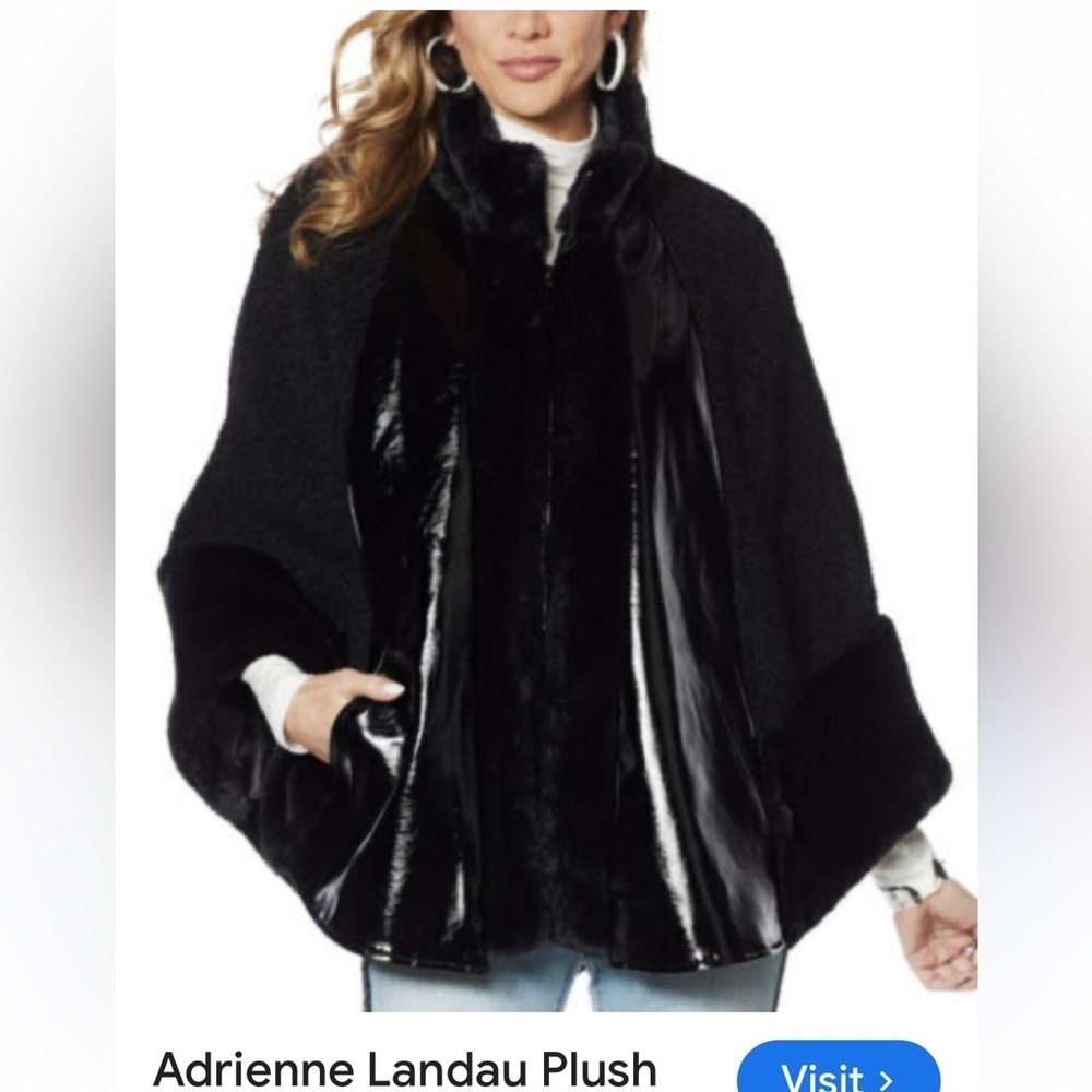 Adrienne Landau,Plush Black,Faux Fur Shearling Cape/Coat,Luxe Winter Glam,Size L